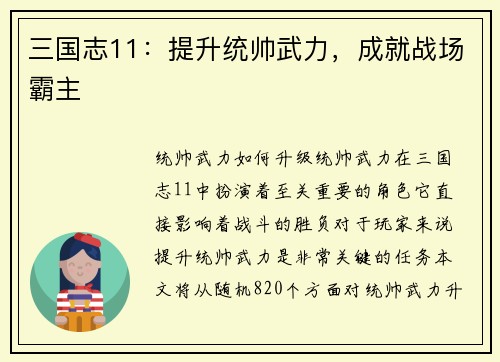 三国志11：提升统帅武力，成就战场霸主